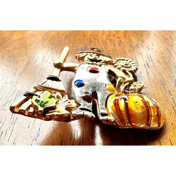 Scarecrow Brooch Pin New Fall Pumpkin Autumn Leaves Rake Sunflower Overa… - Picture 5 of 12